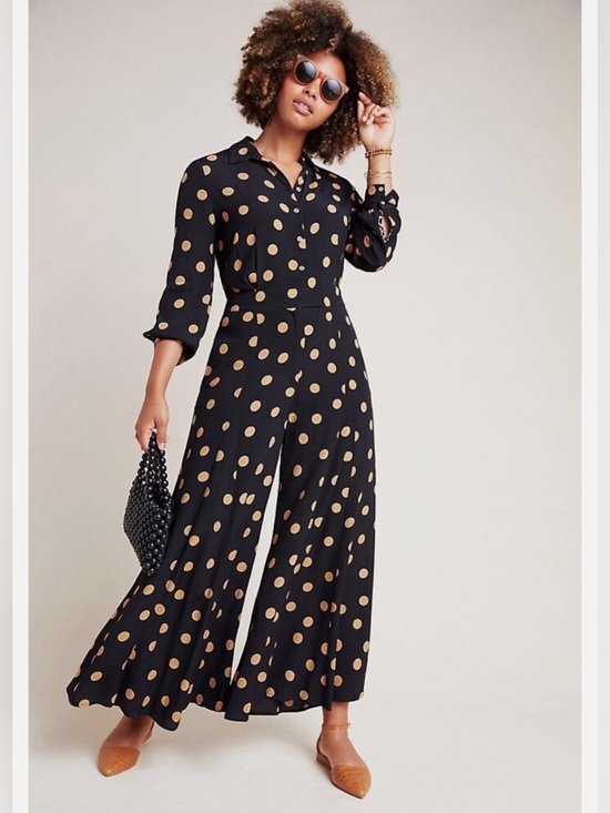 Anthropologie Pants - Anthropologie Loveland black and gold polka-dot wide leg jumpsuit